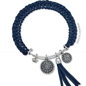 Premier Designs Adjustable bangle bracelet, silvertone with navy blue accents.